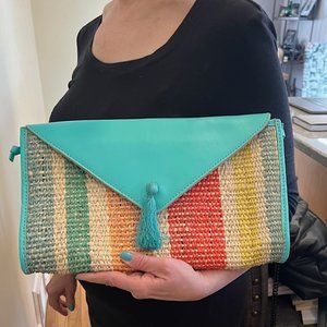 Multi Colored Striped Straw and Mint Leather Large Crossbody / Clutch  NWOT